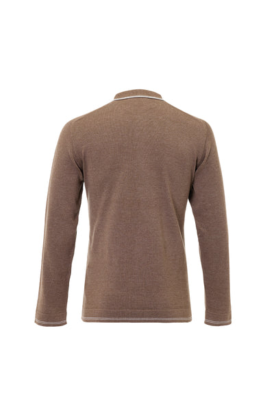 Back view of the Luciano Visconti Dual-Tone Sartorial Melange Polo Shirt YSWTBP55, a long-sleeve, brown dual-tone melange polo shirt with thin white trim on the collar and cuffs.
