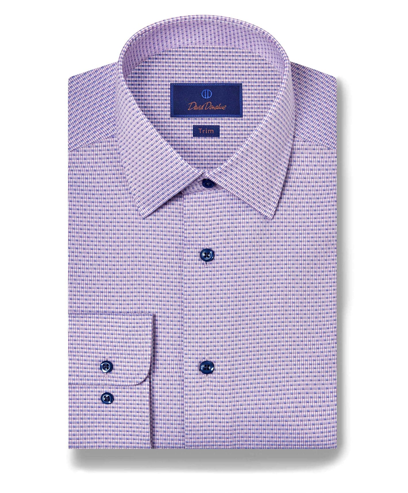 A folded, long-sleeve David Donahue Stripe Chk Shirt (TBSP11002) with a small purple check pattern, blue buttons, and a trim fit label is displayed on a white background.