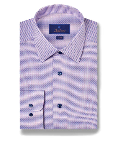 A folded, long-sleeve David Donahue Stripe Chk Shirt (TBSP11002) with a small purple check pattern, blue buttons, and a trim fit label is displayed on a white background.