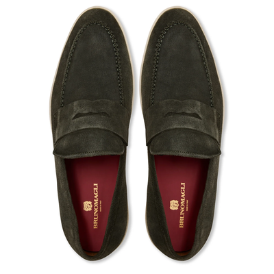 A pair of dark green Bruno Magli Prato Slip On Loafers in suede, featuring red insoles with the Bruno Magli logo in gold lettering, viewed from above.
