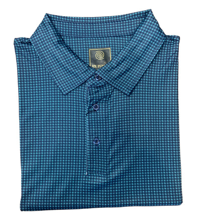 The F/X Fusion Big & Tall Men's Polo Diamond 2316 is a blue patterned performance polo with a collar and three buttons, shown neatly folded against a white background.