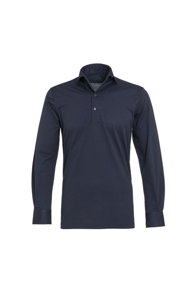 Luchiano Visconti 3 Button Long Sleeve Polo KAROPP54 in navy blue with a three-button placket and button cuffs.
