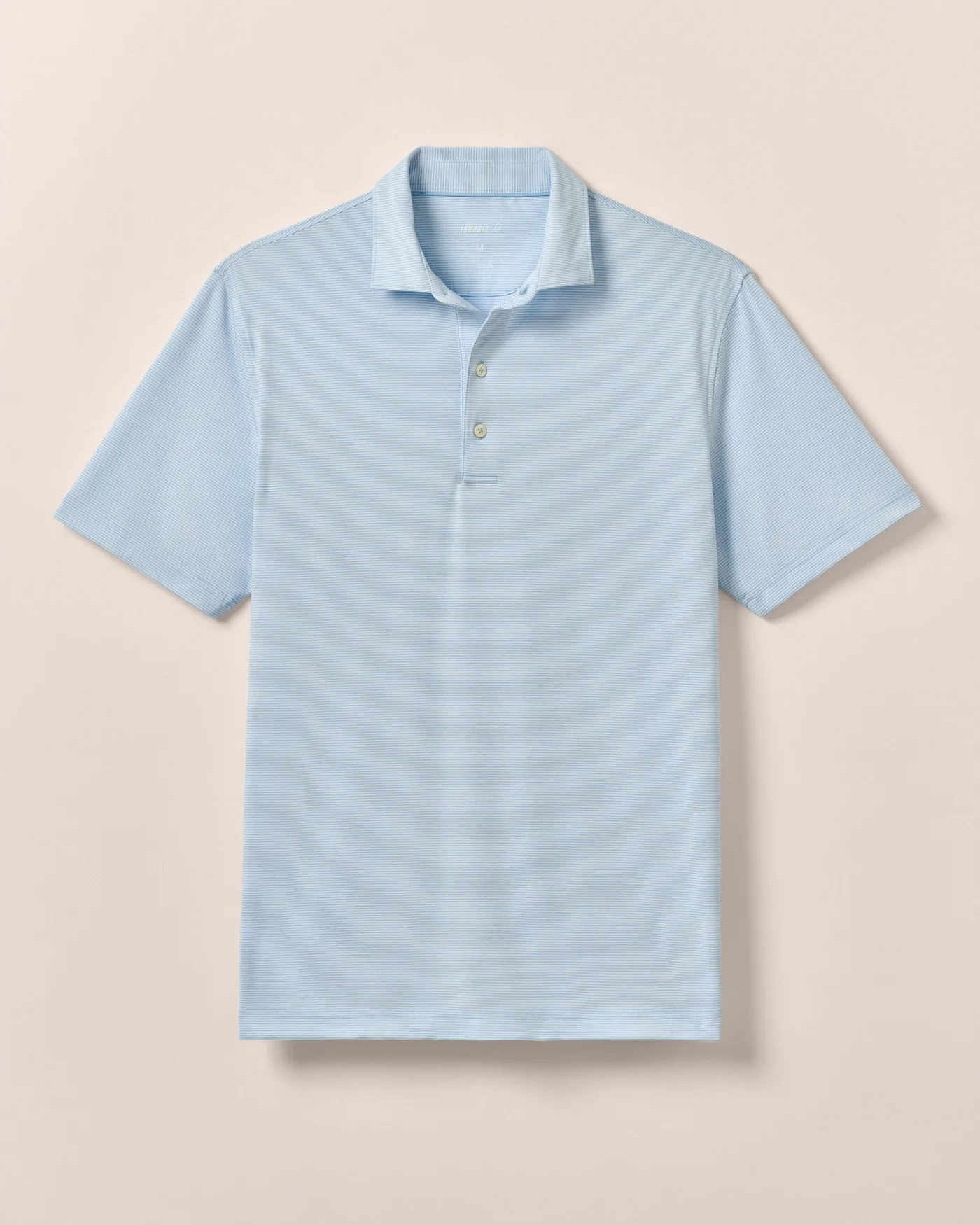 The Johnnie-O Lyndonn Stripe Performance Knit Polo by Johnnie-O is a light blue casual short sleeve collared shirt with a three-button placket, made from breathable nylon spandex and shown on a plain background.