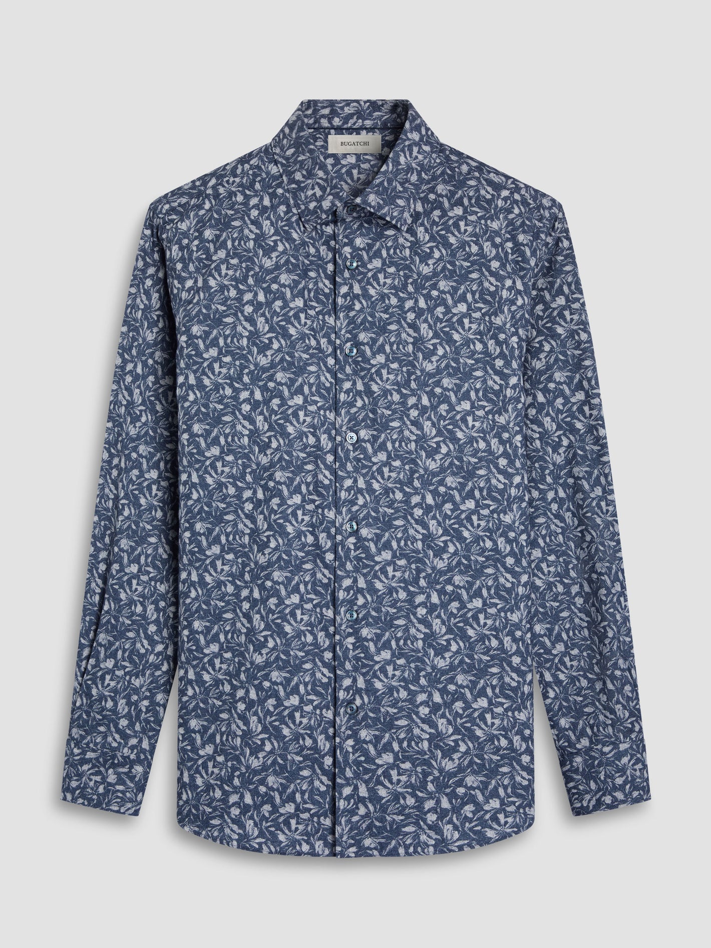 The Bugatchi Julian Woven Sport Shirt HS3051L3S is a long-sleeve stretch shirt with a blue and white floral pattern from Bugatchi, shown on a plain light background.