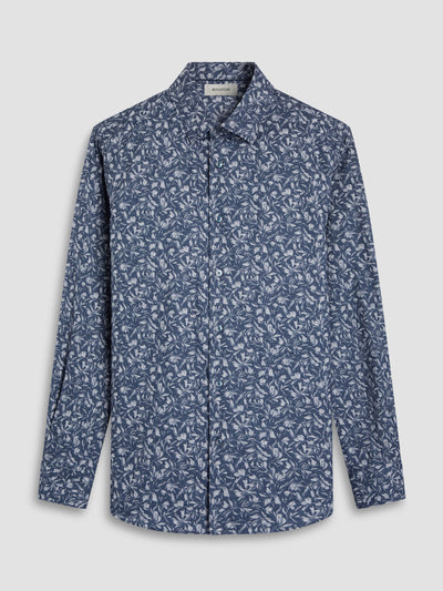The Bugatchi Julian Woven Sport Shirt HS3051L3S is a long-sleeve stretch shirt with a blue and white floral pattern from Bugatchi, shown on a plain light background.