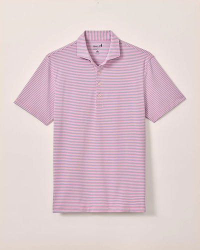 The Johnnie-O Performance Polo-Stetsons by Johnnie-O features thin pink and white stripes, short sleeves, a button placket, and a relaxed fit. Displayed on a light background, this lightweight jersey polo offers classic comfort and style.