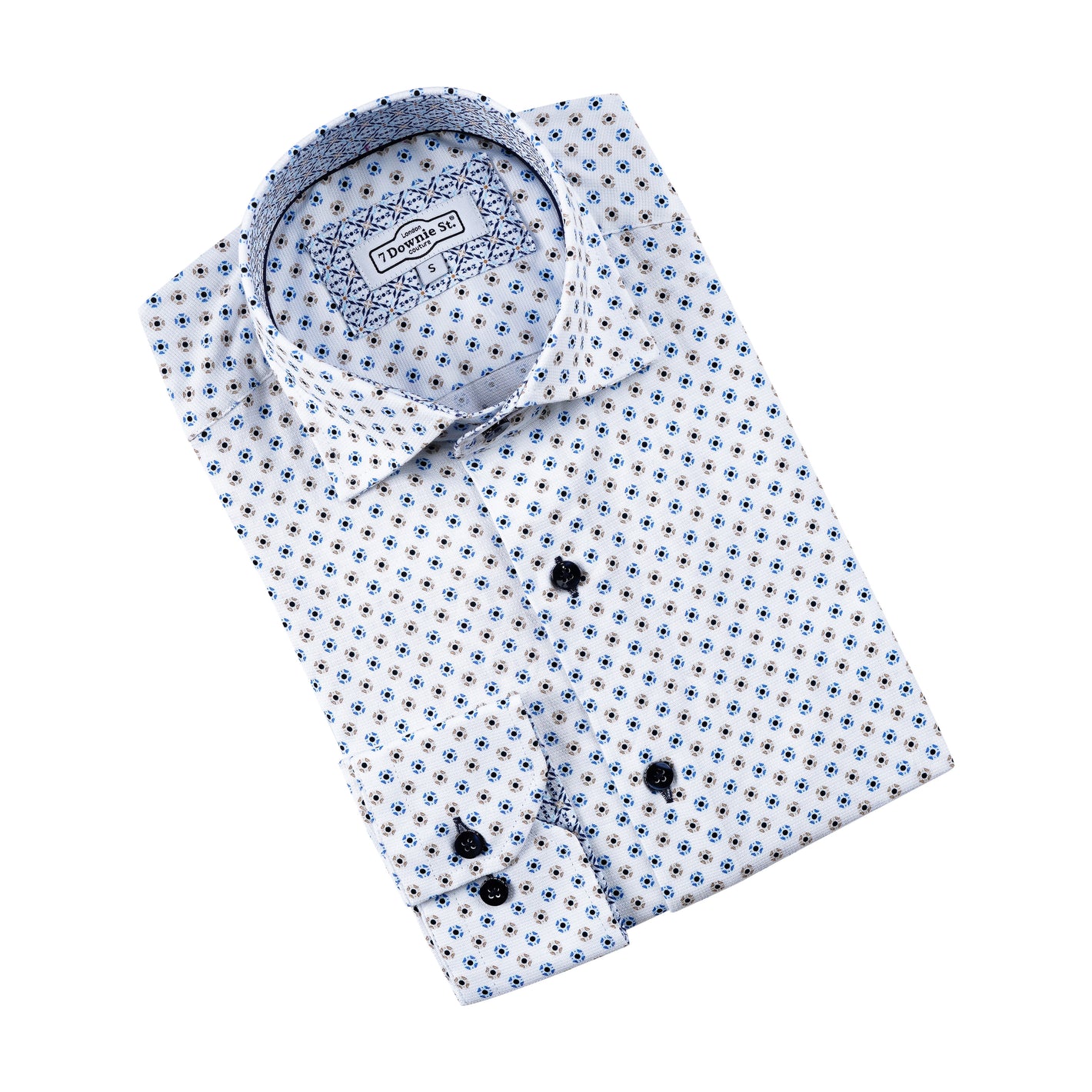 The 7 Downie St Big & Tall Sport Shirt LS 580 features a blue geometric pattern, black buttons, and a contrasting floral inner collar, crafted from cotton elastane and displayed on a white background.