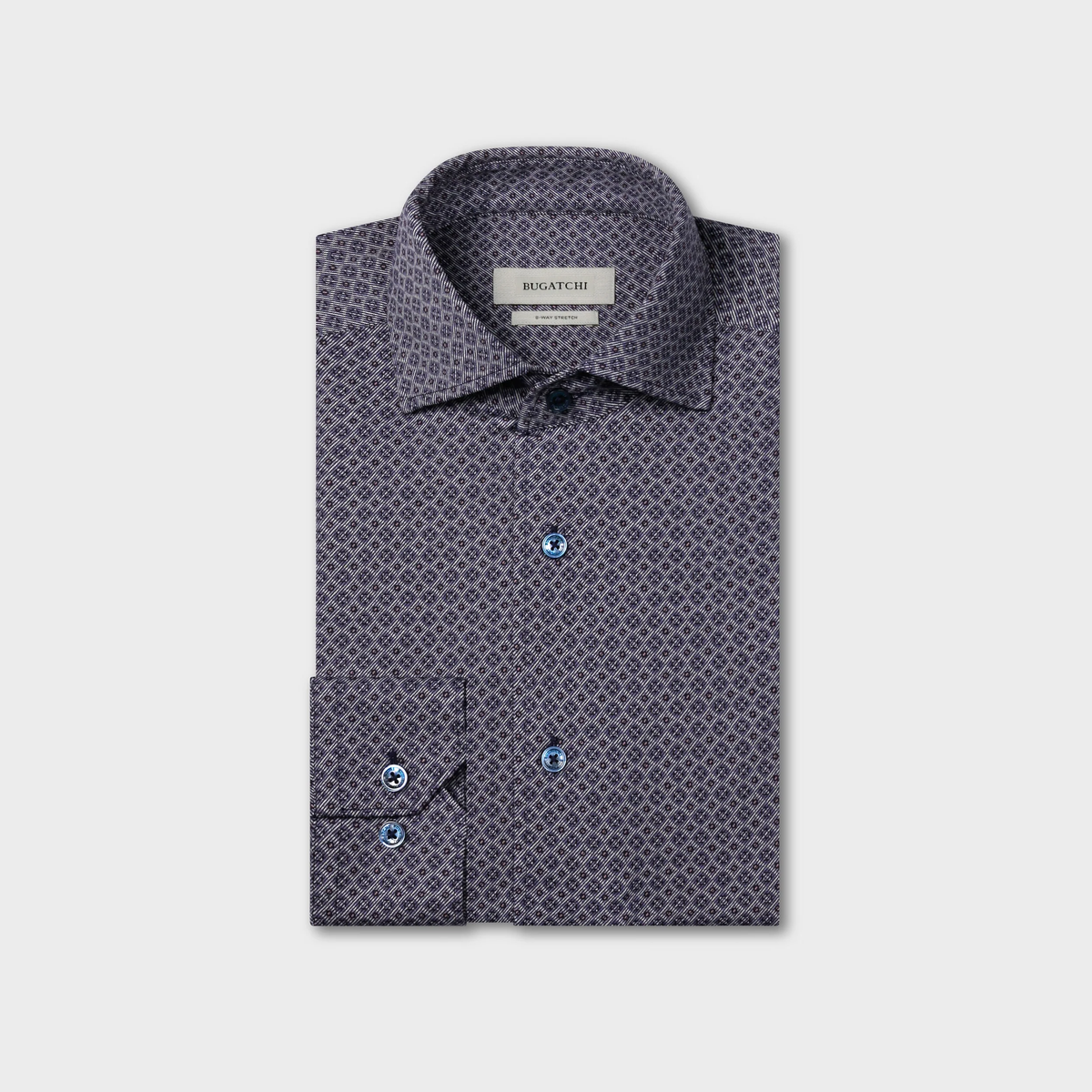 Folded Bugatchi Devon Medallion Sport Shirt KF9433K80 featuring long sleeves and a subtle geometric navy and gray pattern, displayed against a plain light background; this premium wrinkle-resistant Bugatchi shirt ensures effortless style.