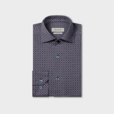 Folded Bugatchi Devon Medallion Sport Shirt KF9433K80 featuring long sleeves and a subtle geometric navy and gray pattern, displayed against a plain light background; this premium wrinkle-resistant Bugatchi shirt ensures effortless style.