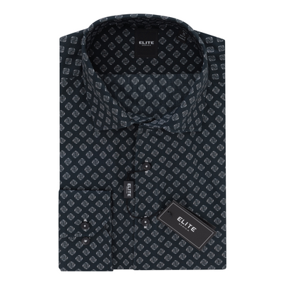 The Elite Geo Print Sport Shirt ESP2565056 by Elite is a folded dark blue shirt with a light geometric pattern, front chest pocket, and an ELITE brand tag attached.
