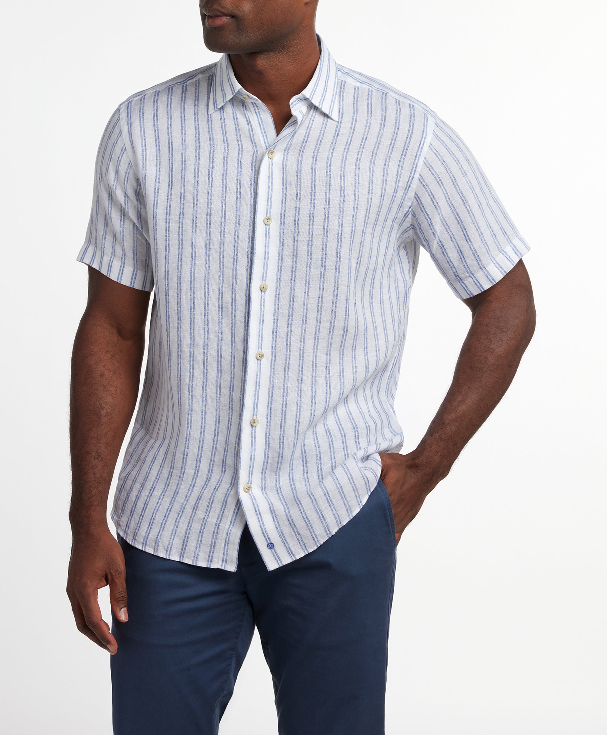 David Donahue Linen Stripe Short Sleeve Shirt CSSM12953135