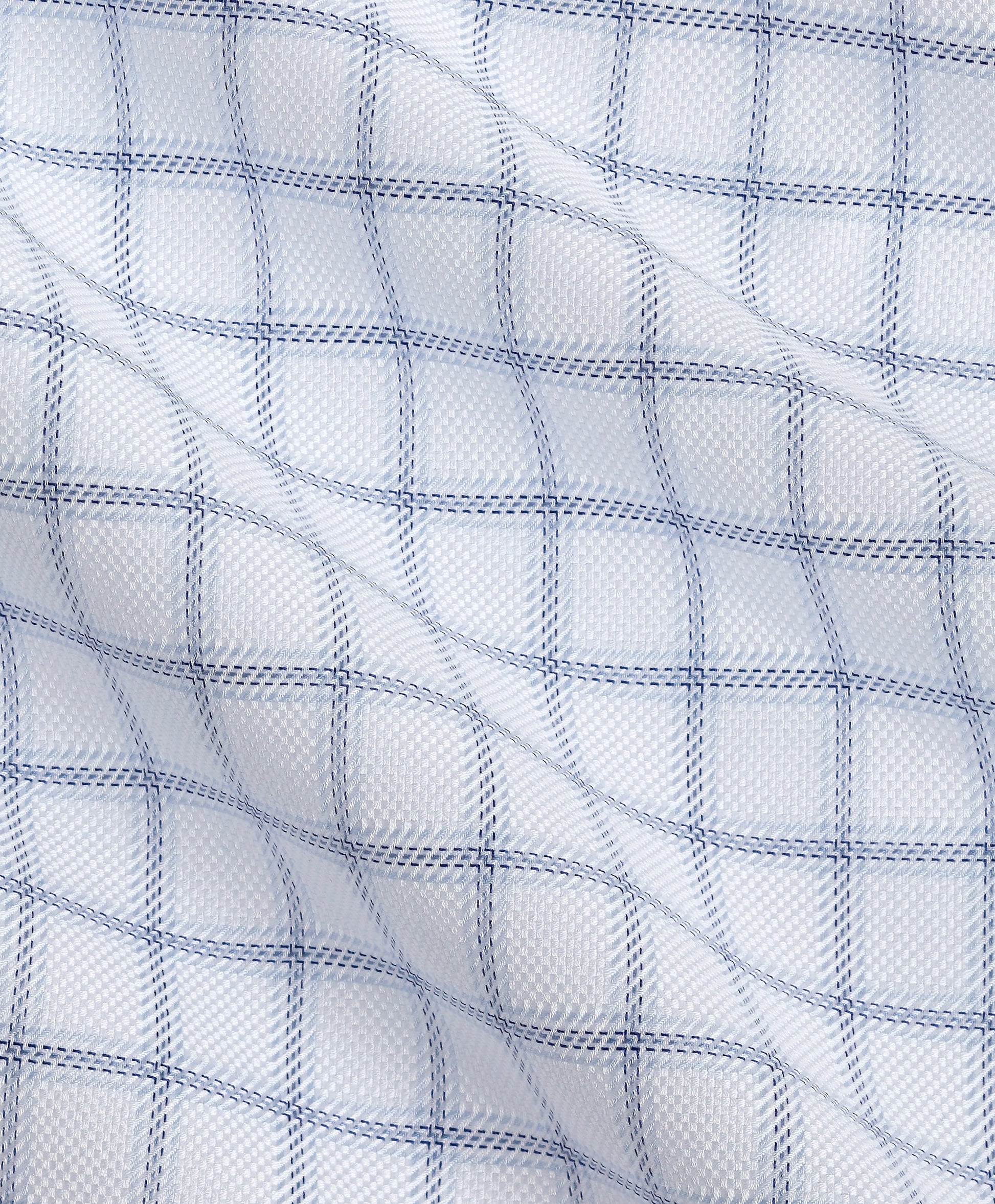 The David Donahue Windowpane Check Dress Shirt TBSP13810 features crisp white Pima cotton fabric with a classic navy blue windowpane grid. Subtle folds and fine texture highlight its exceptional craftsmanship, offering both comfort and polish characteristic of the David Donahue brand.