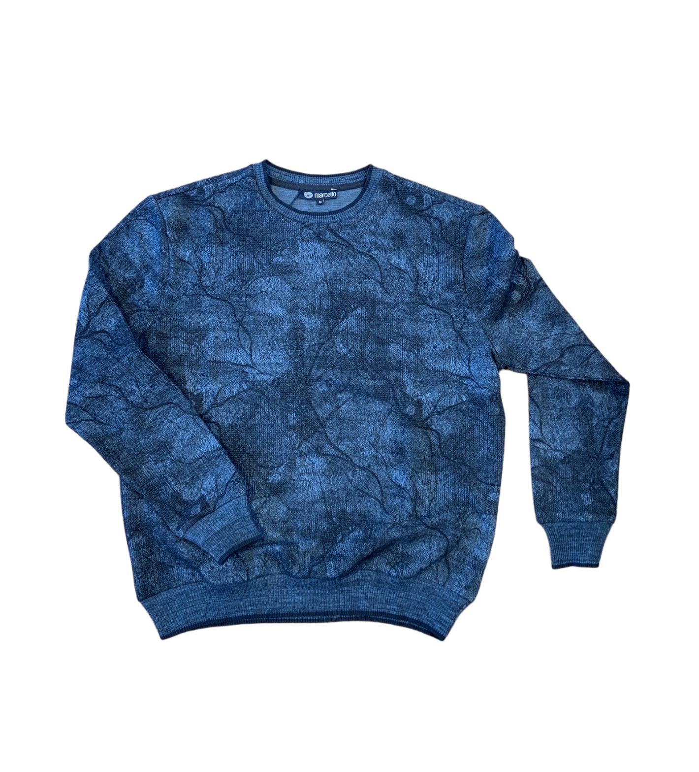 The Marcello Casual Sweater 950 by Marcello features blue cotton sateen with a dark abstract pattern, displayed flat on a white background.