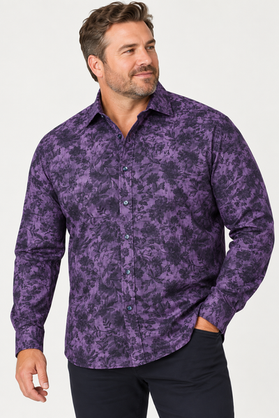 Man wearing a 7 Downie St. Floral Long Sleeve Sport Shirt Big & Tall with dark pants, standing against a plain light background.