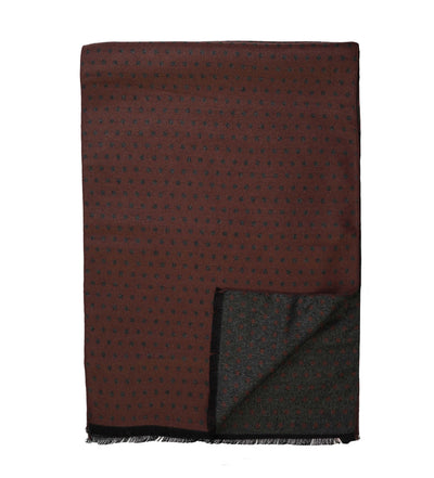 The Amanda Christensen Double Face Dot Scarf 440614 is a folded brown scarf with a subtle dark dot pattern and short fringe along one edge.