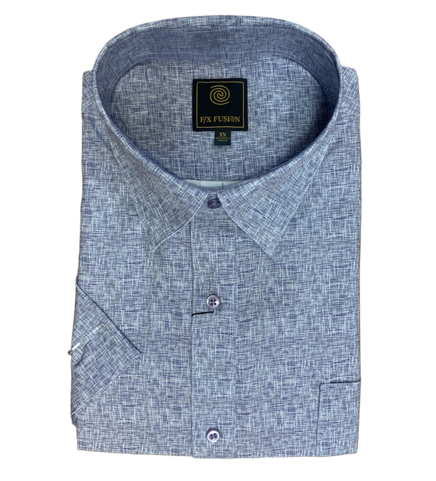 The F/X Fusion Big & Tall Men's Short Sleeve Shirt (Texture Linen FW2272) features a light blue pattern, pointed collar, and is available in big and tall sizes.