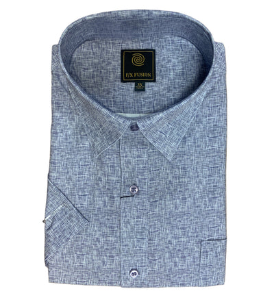 The F/X Fusion Big & Tall Men's Short Sleeve Shirt (Texture Linen FW2272) features a light blue pattern, pointed collar, and is available in big and tall sizes.