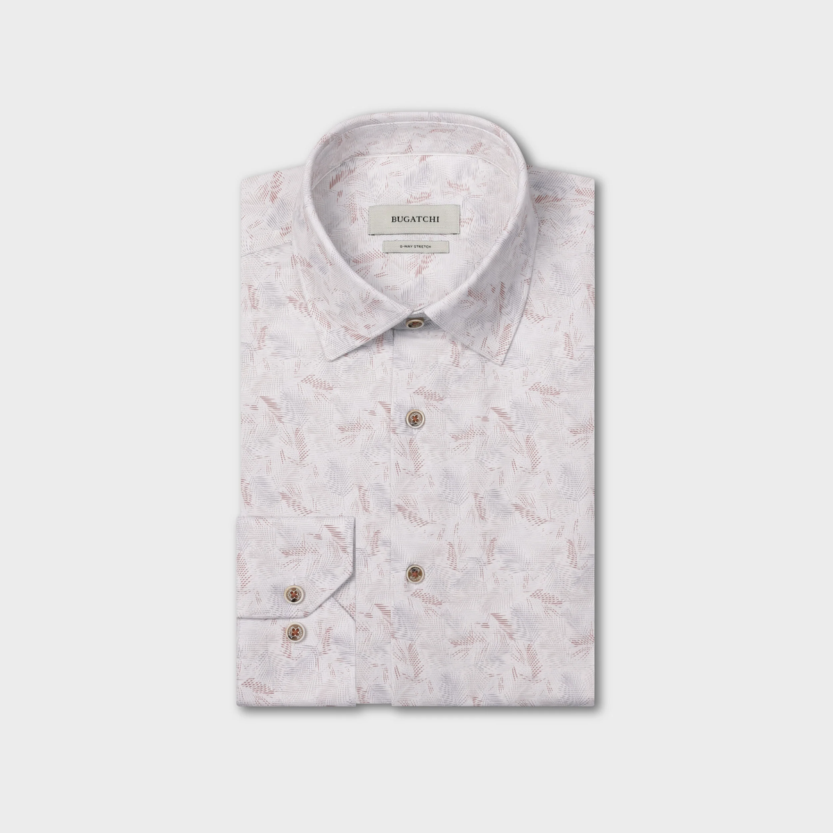 A neatly folded Bugatchi James Feather Print Sport Shirt (style KF9234K60), a men’s long-sleeve, button-up performance shirt featuring a light pink and white feather-inspired pattern, is displayed on a plain white background.