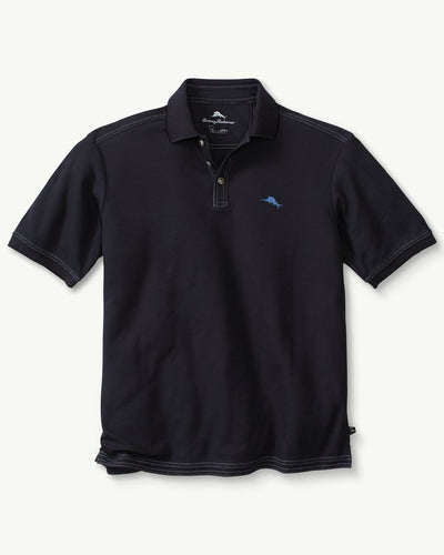 The Tommy Bahama Emfielder Polo Big & Tall is a black short-sleeve shirt featuring a collar, button placket, and a small blue embroidered logo on the chest.