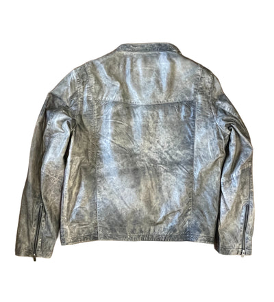 The Missani Leather Jacket 396163 by Missani is a silver metallic motocross leather jacket shown from the back, featuring long sleeves with zippered cuffs.