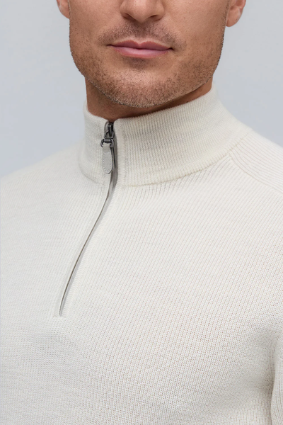 A person wearing the Raffi Merino Zip Mock HWC12948-Z sweater in light beige, shown from shoulder to just above the mouth.