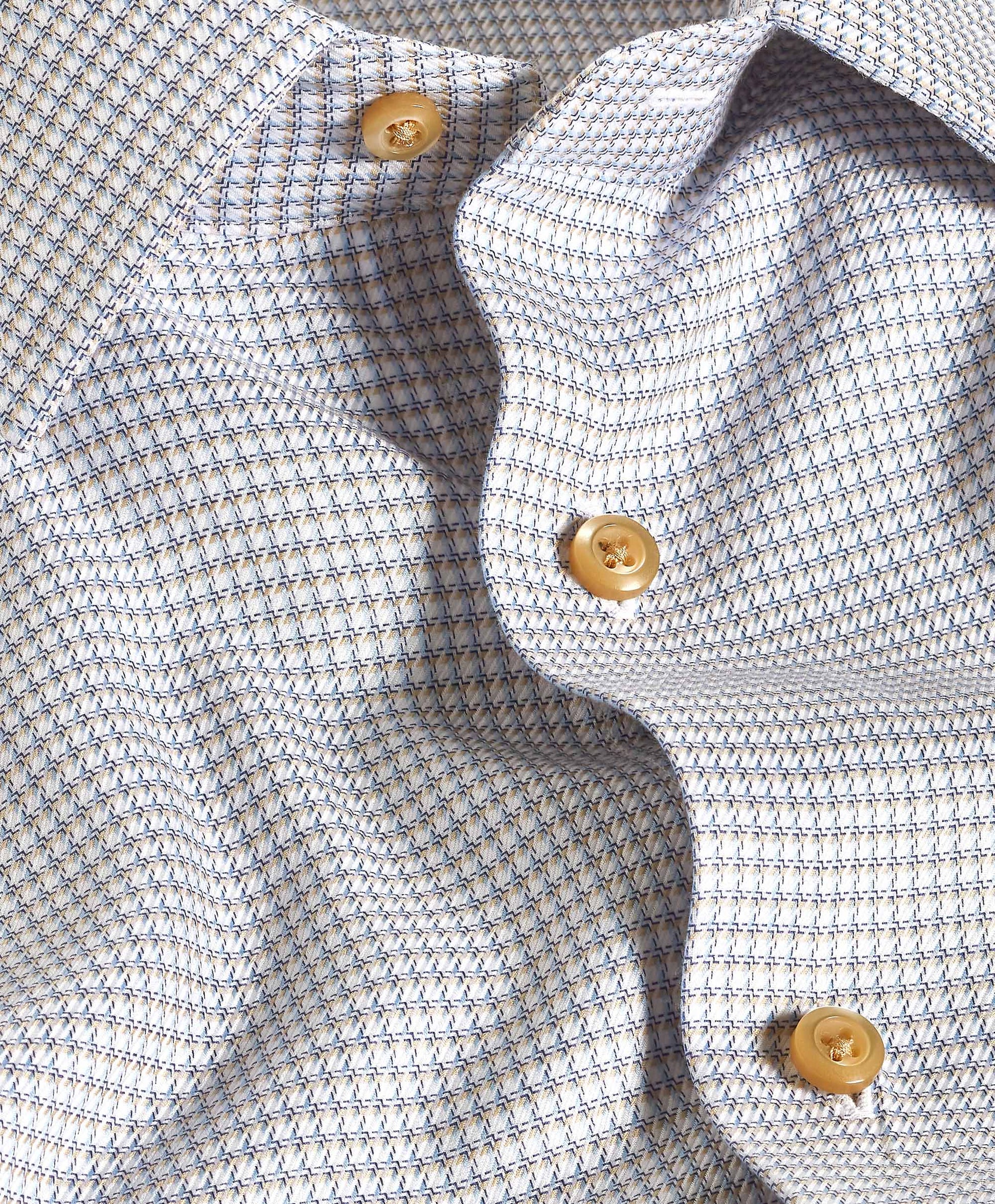 A close-up of the David Donahue Micro-Check Dress Shirt TBSP12807124 shows small diamond patterns, beige buttons, and a detailed textured fabric with slight wrinkles.