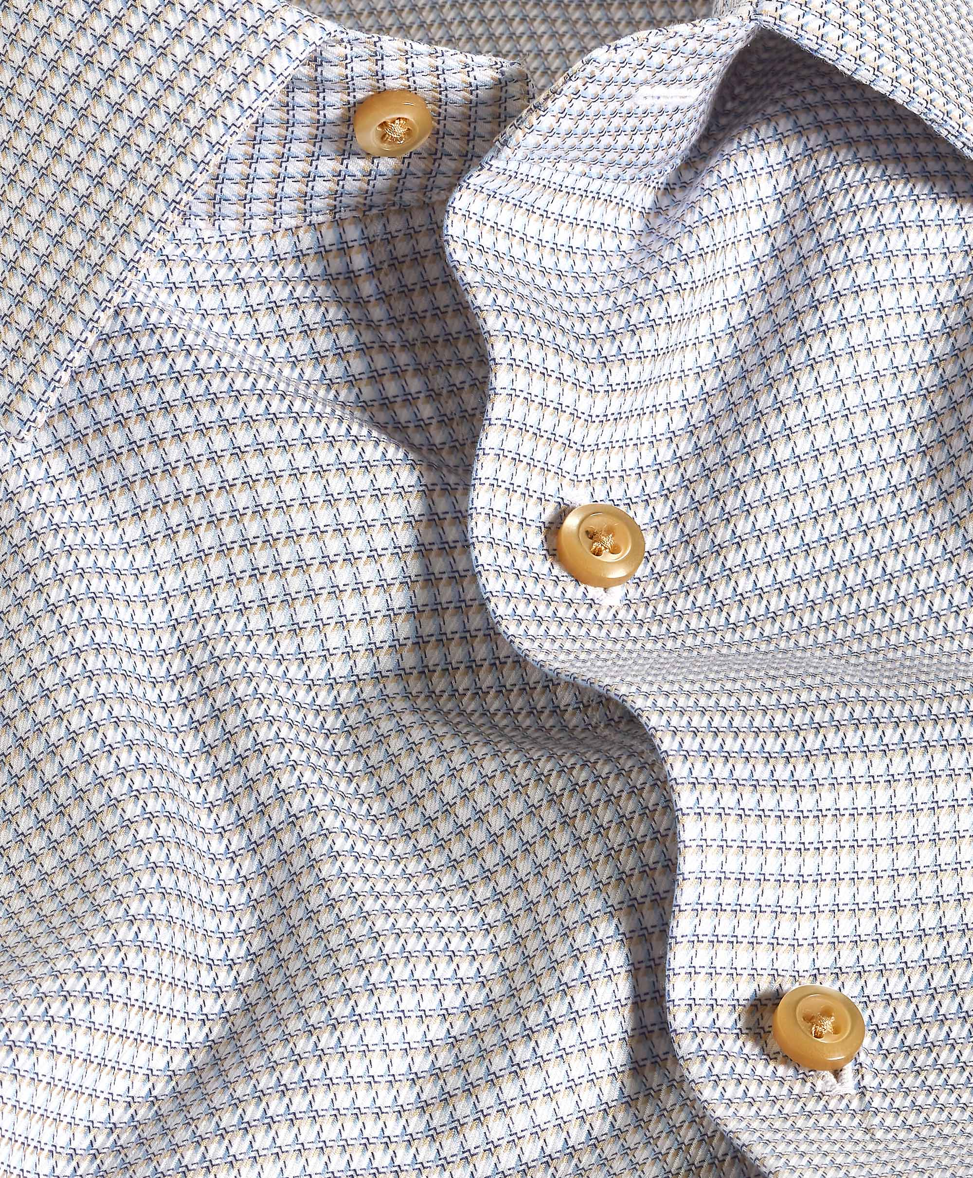 A close-up of the David Donahue Micro-Check Dress Shirt TBSP12807124 shows small diamond patterns, beige buttons, and a detailed textured fabric with slight wrinkles.