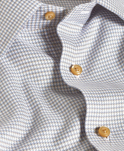 A close-up of the David Donahue Micro-Check Dress Shirt TBSP12807124 shows small diamond patterns, beige buttons, and a detailed textured fabric with slight wrinkles.