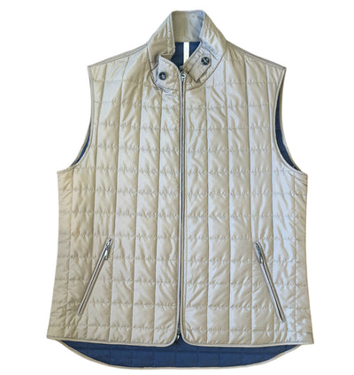 The St. Croix Quilted Vest 7051 is a men's classic fit sleeveless beige vest with a front zipper, two zippered pockets, and a stand collar, shown laid flat on a white background.