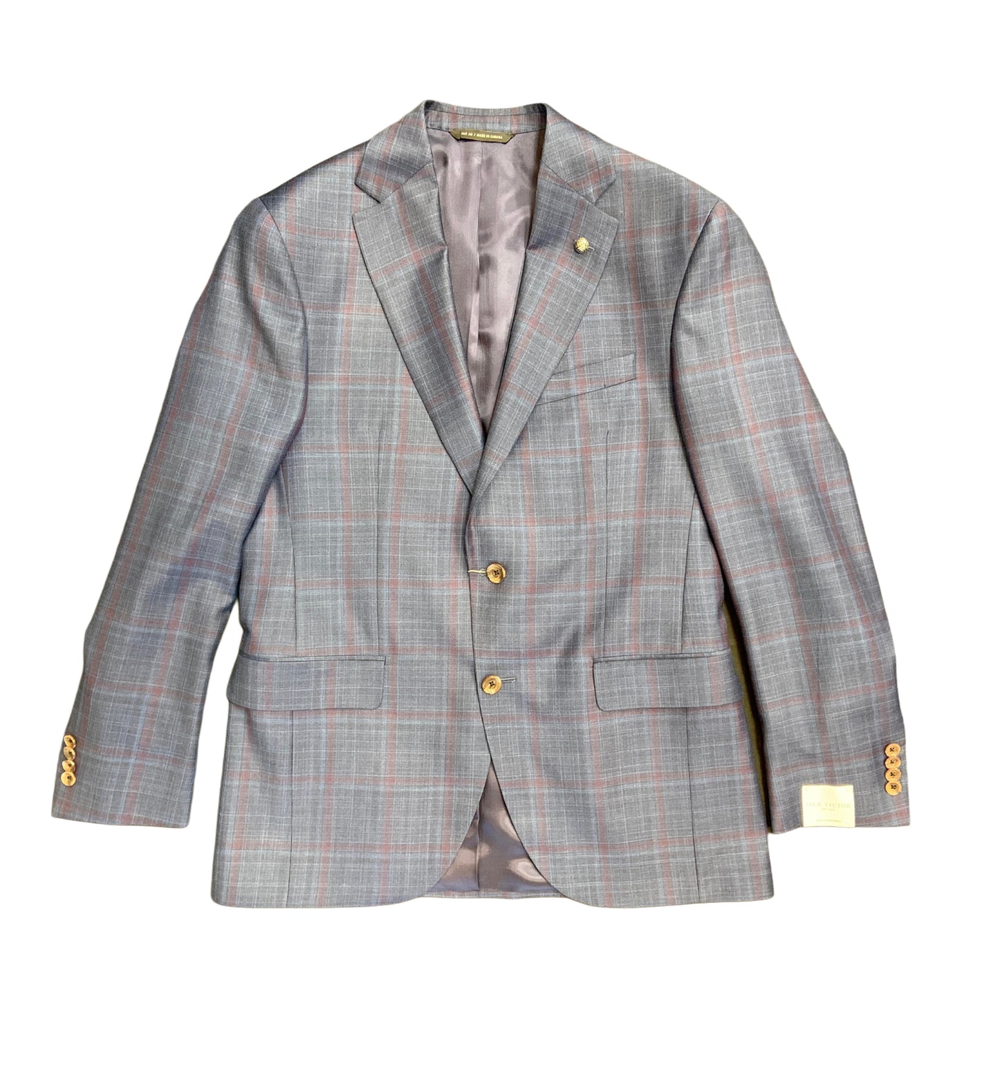The Jack Victor Sport Coat Conway 1251219 features a gray plaid design, two gold front buttons, three gold buttons on each sleeve, and a notched lapel. Displayed on a white background. Brand: Jack Victor.