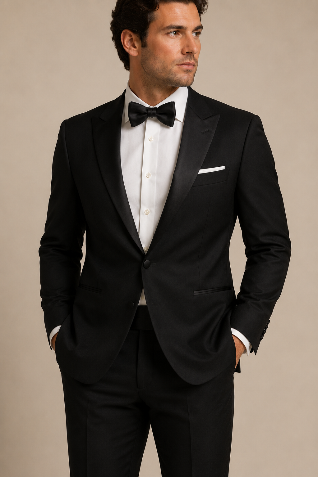 A man wearing a black tuxedo with a crisp white Wilkes & Riley Ivory Spread Collar Shirt B1633, a black bow tie, and a white pocket square stands with his hands in his pockets against a plain, light background.