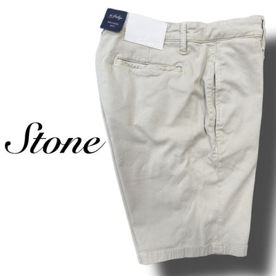 The 34 Heritage Nevada Soft Touch Shorts in light beige, labeled Stone, are displayed flat with a white patch and a 34 Heritage brand tag on the waistband.