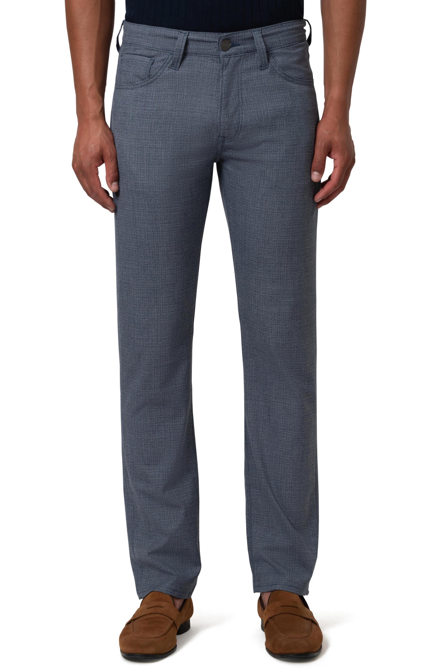 A person wearing 34 Heritage Charisma Navy Fancy Big & Tall pants by 34 Heritage stands with arms by their sides against a white background.