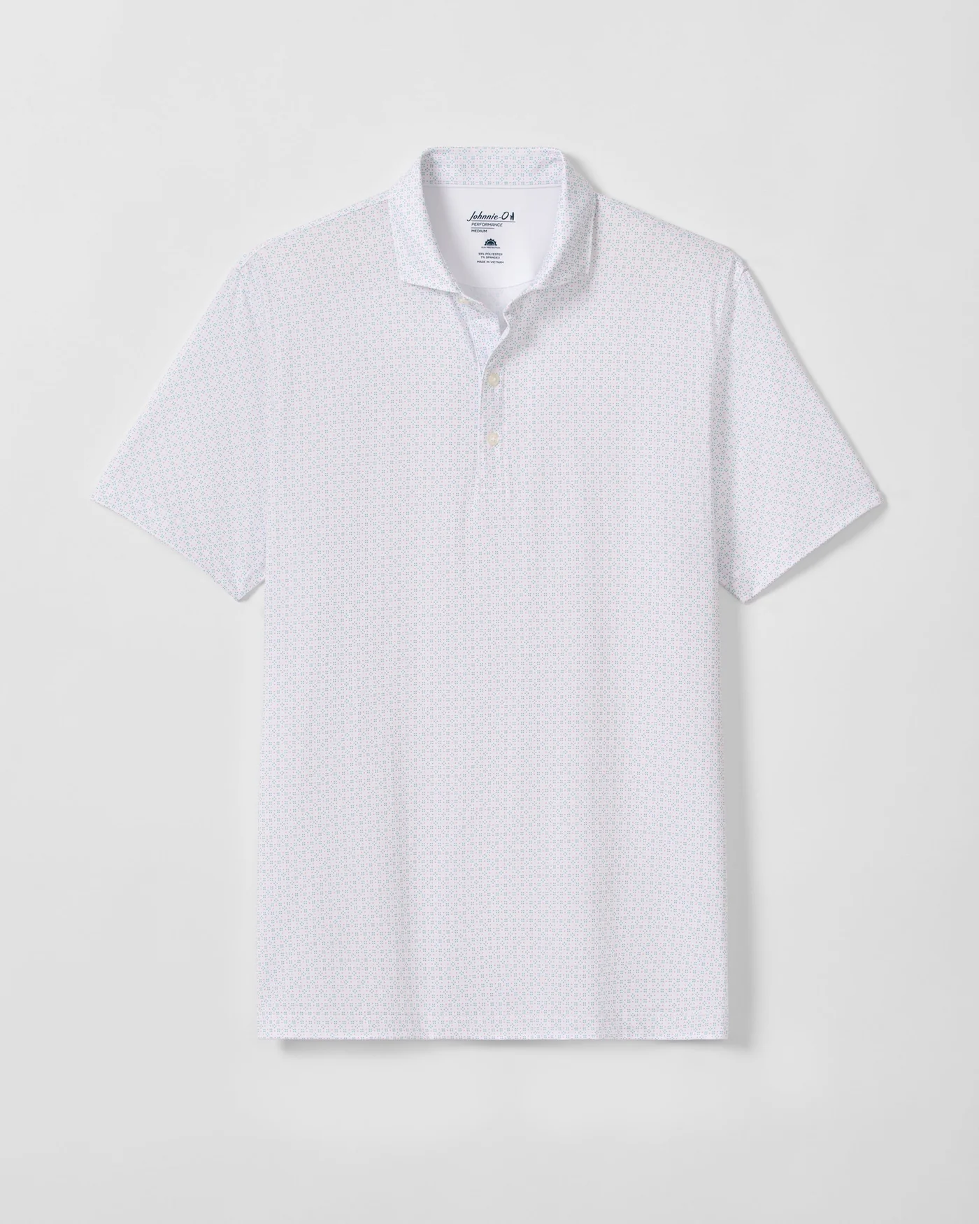 The Johnnie-O Torres Performance Big & Tall Polo by Johnnie-O features a white short sleeve design with a subtle geometric pattern and buttoned collar, shown on a plain light gray background. This polo combines casual style with comfort for any occasion.