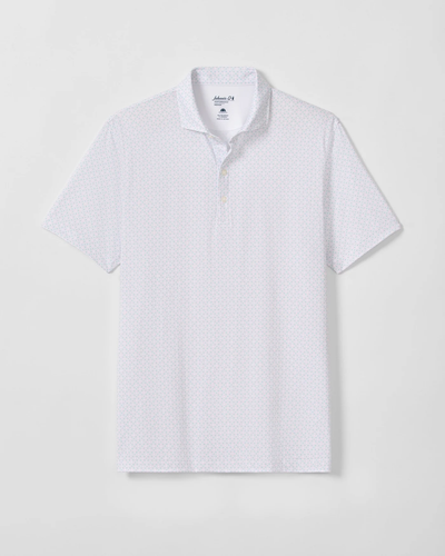 The Johnnie-O Torres Performance Big & Tall Polo by Johnnie-O features a white short sleeve design with a subtle geometric pattern and buttoned collar, shown on a plain light gray background. This polo combines casual style with comfort for any occasion.