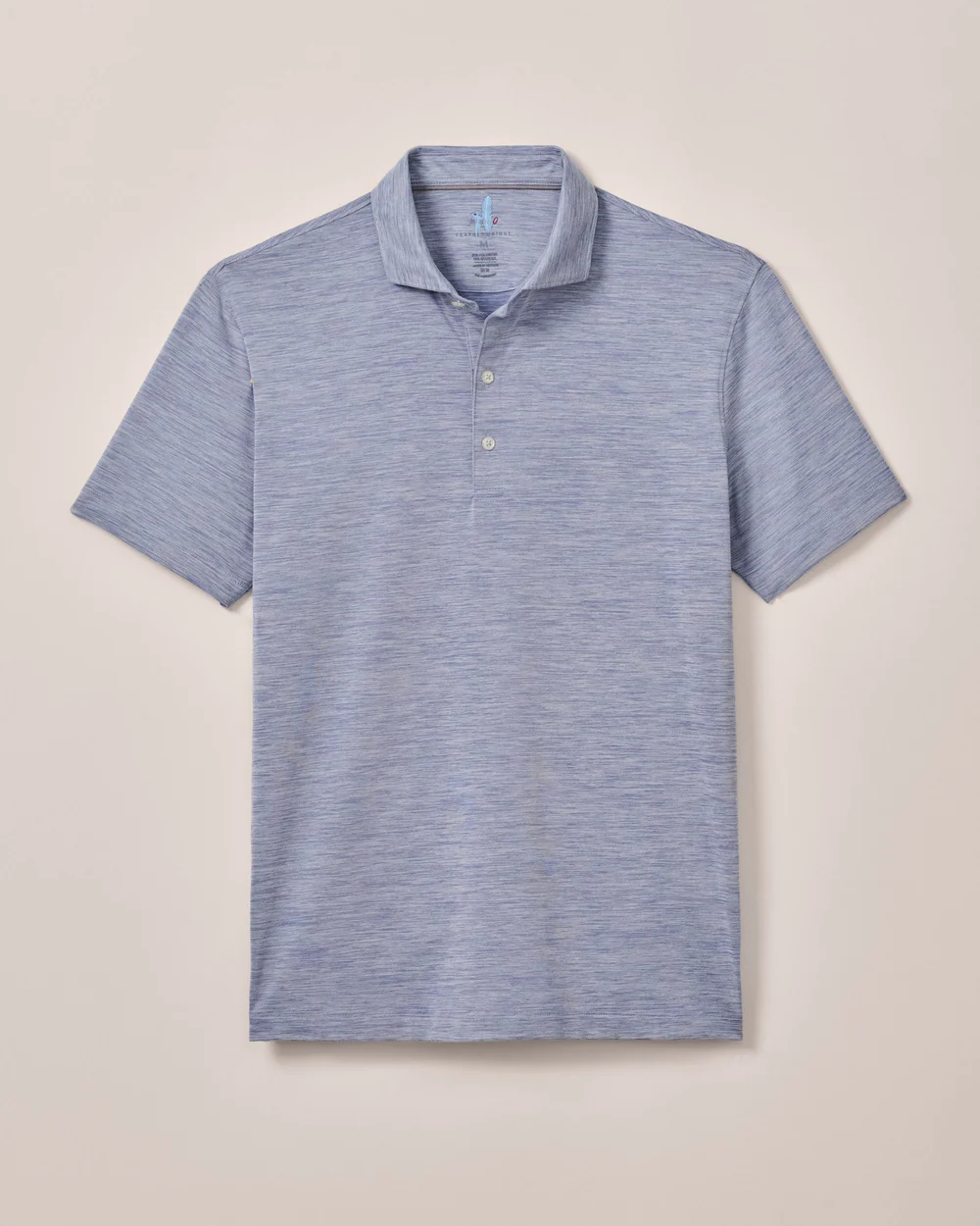The Johnnie-O Performance Polo-Huronn is a light blue short-sleeve jersey polo with a subtle heathered pattern, a collar, and three-button placket. It offers UPF 50 sun protection and is displayed against a plain background.