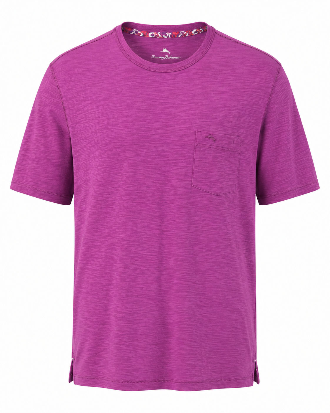 The Tommy Bahama Bali Beach Crew Tee by Tommy Bahama is a short-sleeve, crew neck purple t-shirt featuring a small chest pocket, displayed on a plain white background.