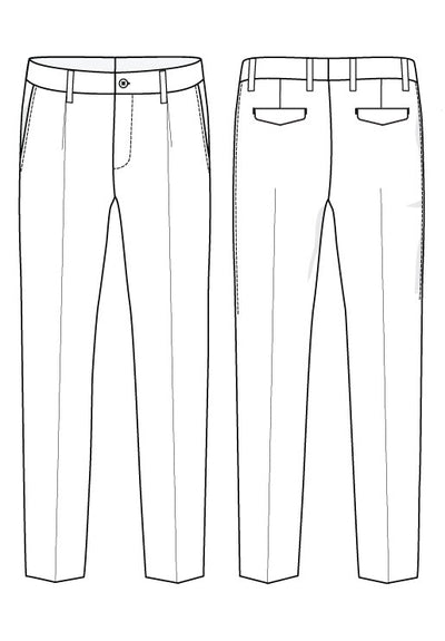 Technical drawing of Ballin M5661 Soho Chalkstripe Trousers by Ballin, featuring a straight-leg cut, front and back views, side pockets, back welt pockets, belt loops, waistband button; made from crease-resistant, breathable fabric.