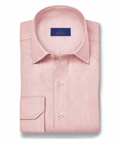 The David Donahue Cashmere Blend Shirt CBSM11101 is a folded light pink luxury men’s sport shirt with a classic collar and buttons, featuring a visible dark blue David Donahue label inside the collar.