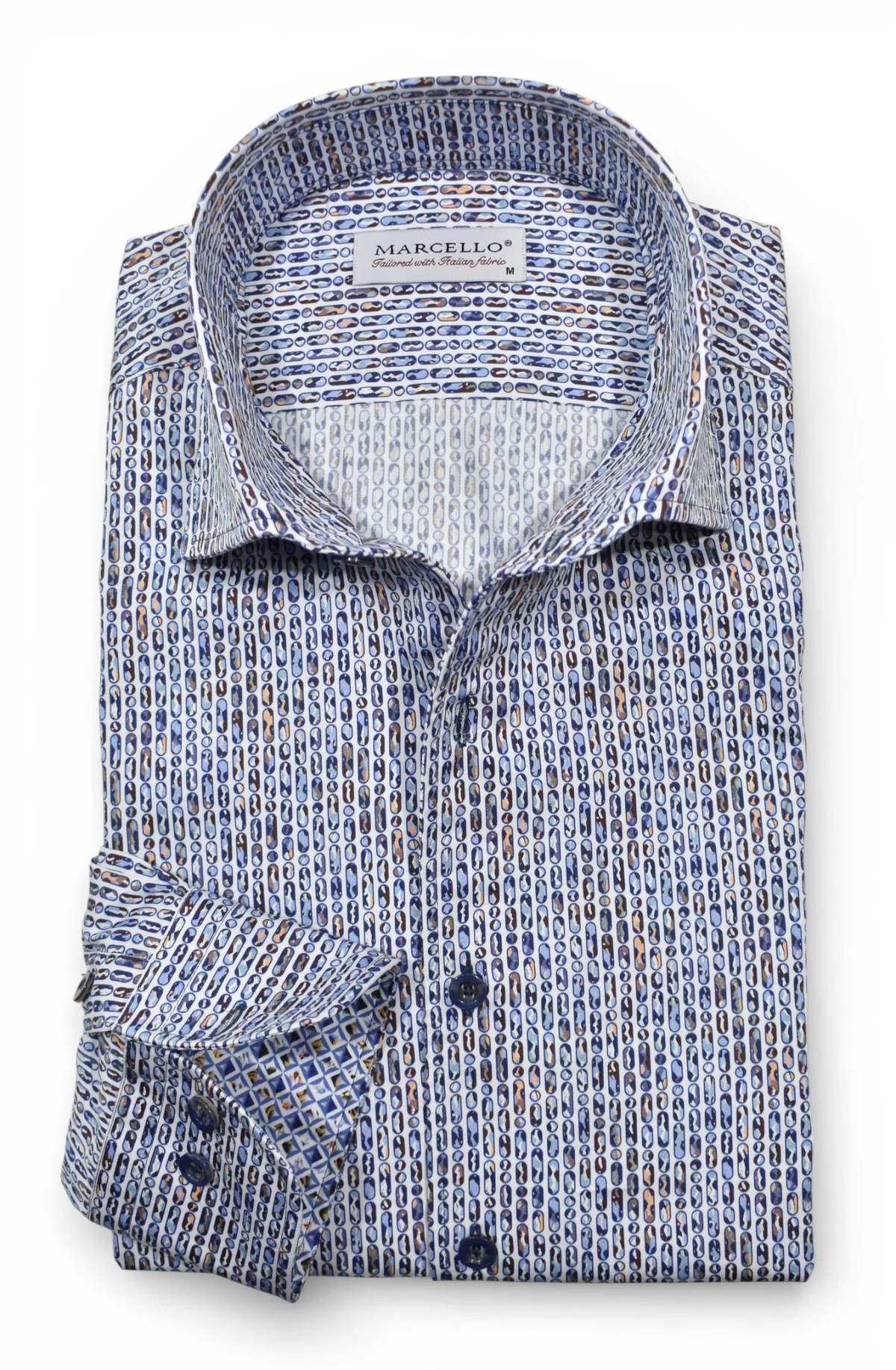 Marcello Dali Vertical Ovals Sport Shirt W228, a long-sleeved button-down featuring a Python Swirl pattern of blue and brown ovals.
