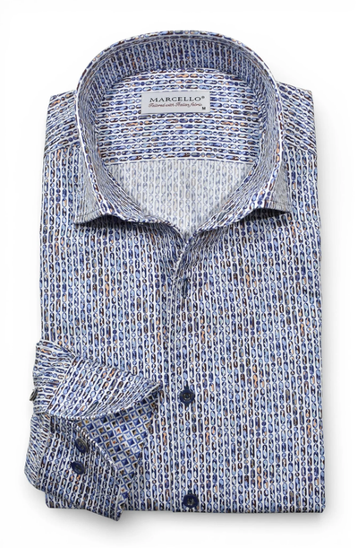 Marcello Dali Vertical Ovals Sport Shirt W228, a long-sleeved button-down featuring a Python Swirl pattern of blue and brown ovals.