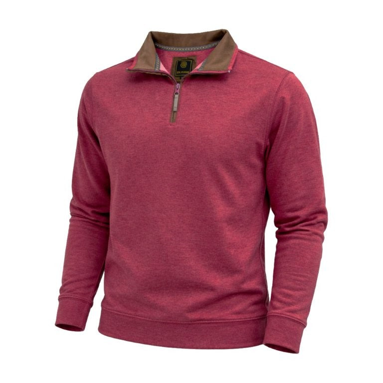 A F/X Fusion Men’s Big & Tall Burgundy 1/4 Zip Sweater with long sleeves, featuring a quarter-zip front and brown collar lining, is displayed against a white background. This sweater from F/X Fusion offers both comfort and style for any occasion.