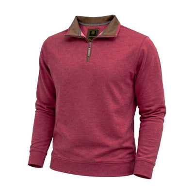 A F/X Fusion Men’s Big & Tall Burgundy 1/4 Zip Sweater with long sleeves, featuring a quarter-zip front and brown collar lining, is displayed against a white background. This sweater from F/X Fusion offers both comfort and style for any occasion.