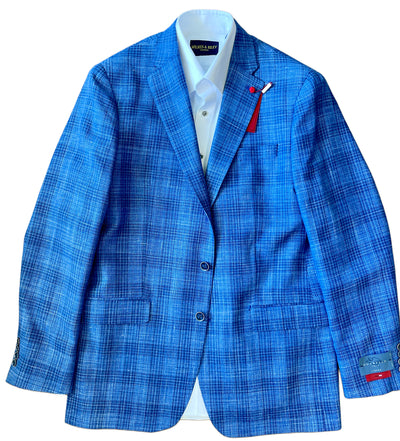 The TailoRed Gianni Sport Coat 8130534 is a blue plaid blazer made from premium Italian fabric, featuring two buttons, notch lapels, and flap pockets, shown styled over a white dress shirt on a plain background.