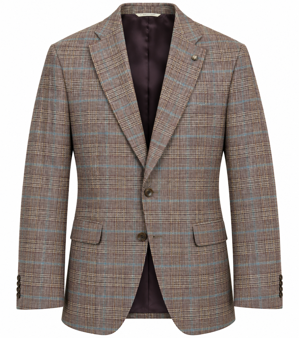 Jack Victor Conway Brown Plaid Sport Coat 1262312 featuring notch lapels, a two-button closure, and flap pockets.