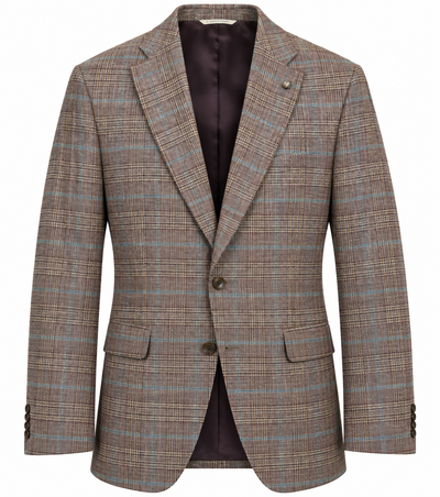 Jack Victor Conway Brown Plaid Sport Coat 1262312 featuring notch lapels, a two-button closure, and flap pockets.