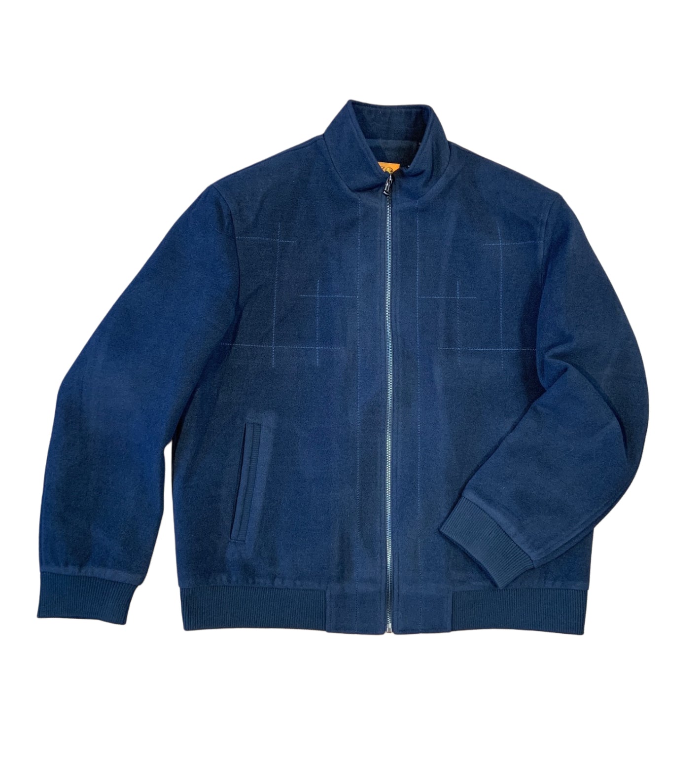 The Enzo Henry Seam Detail Jacket by Enzo is a navy blue zip-up with a stand collar, front pockets, and elastic cuffs and hem, adding moto style to your wardrobe. Shown on a white background.