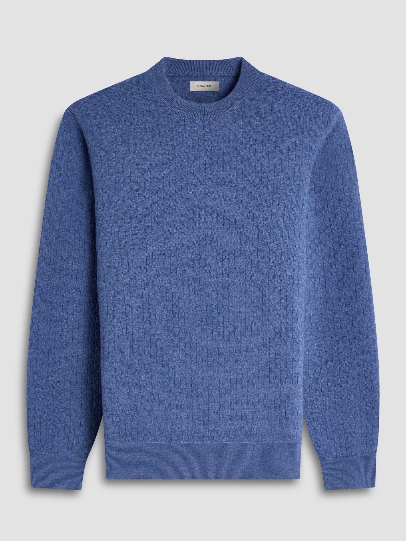 The Bugatchi Basketweave Crew Neck Sweater HH202CN1 by Bugatchi features blue, long sleeves and a textured grid-like knit, shown on a plain background.