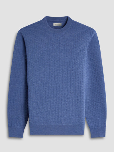 The Bugatchi Basketweave Crew Neck Sweater HH202CN1 by Bugatchi features blue, long sleeves and a textured grid-like knit, shown on a plain background.