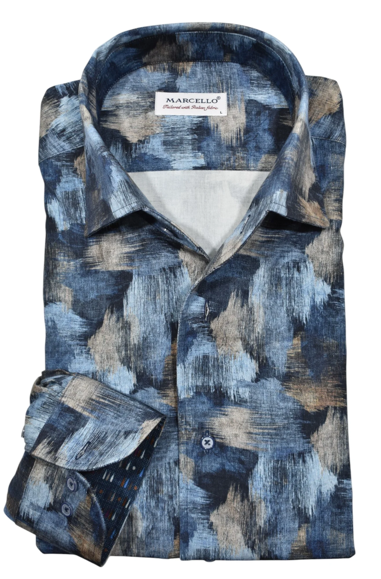 A folded Marcello Sport Shirt Shaped Denim W-074R displays a blue, beige, and white abstract pattern with the Marcello label inside the collar. Made of cotton sateen, this long-sleeve shirt offers a sophisticated button-up design.